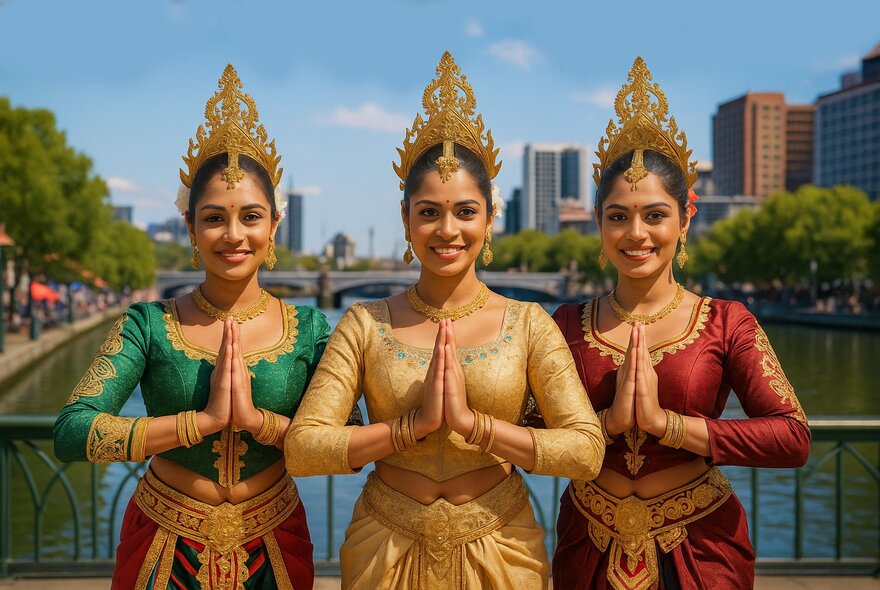 Three Sri Lankan dancers posing in front of the Yarra River in Melbourne.