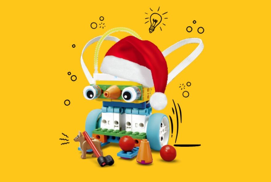 A cute graphic of a robot with a Santa hat.