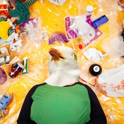 A seagull wearing a green T-shirt, surrounded by rubbish.