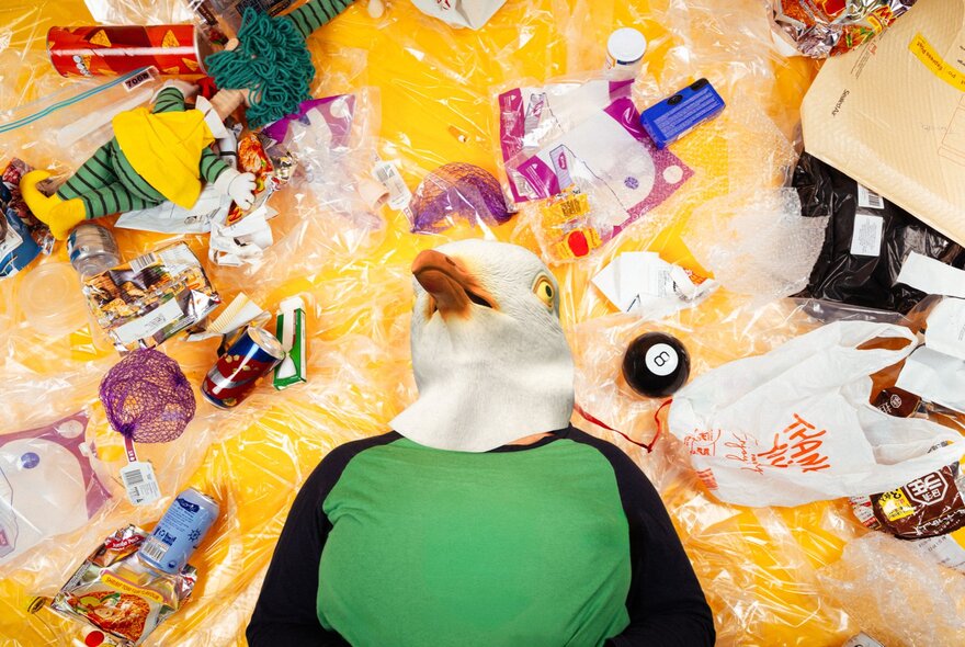 A seagull wearing a green T-shirt, surrounded by rubbish.