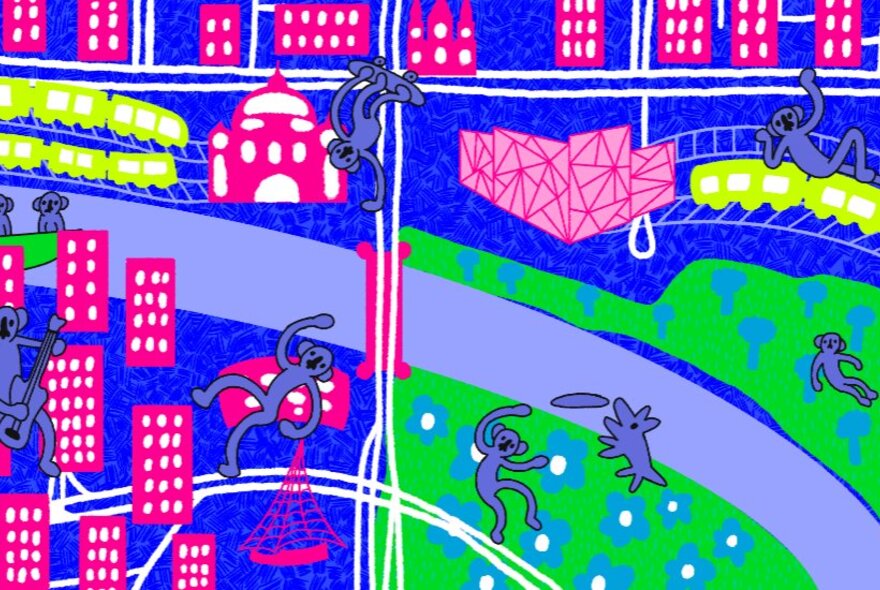 A brightly coloured and stylised graphic illustration of Melbourne depicting tall pink skyscrapers, the Yarra River, Flinders Street Station, green parklands and random grey animals.