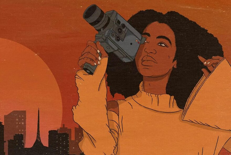 Drawing of an Indigenous woman holding a video camera in front of a Melbourne landscape.