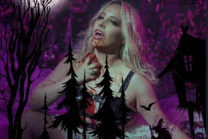 A constructed image of a scary woman with blood dripping from her mouth overlayed wth  black pine trees, a witch and a bat. 