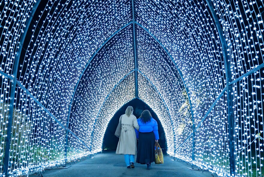 Two friends are walking through a glowing archway of lights 