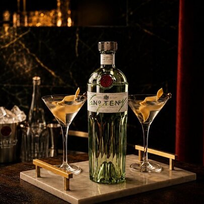 Two martini cocktails on a tray with a bottle of gin, set against a red velvet curtain.
