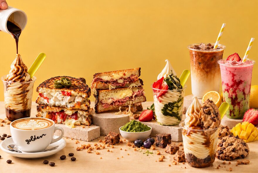 A selection of cafe treats including toasties, coffee, matcha drinks and soft serve with toppings. 