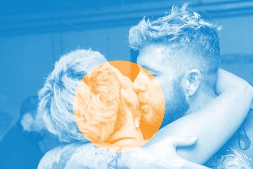 Monochrome blue-washed image of two people embracing, one about to kiss the other on the cheek, with a yellow monochrome circle in the centre. 