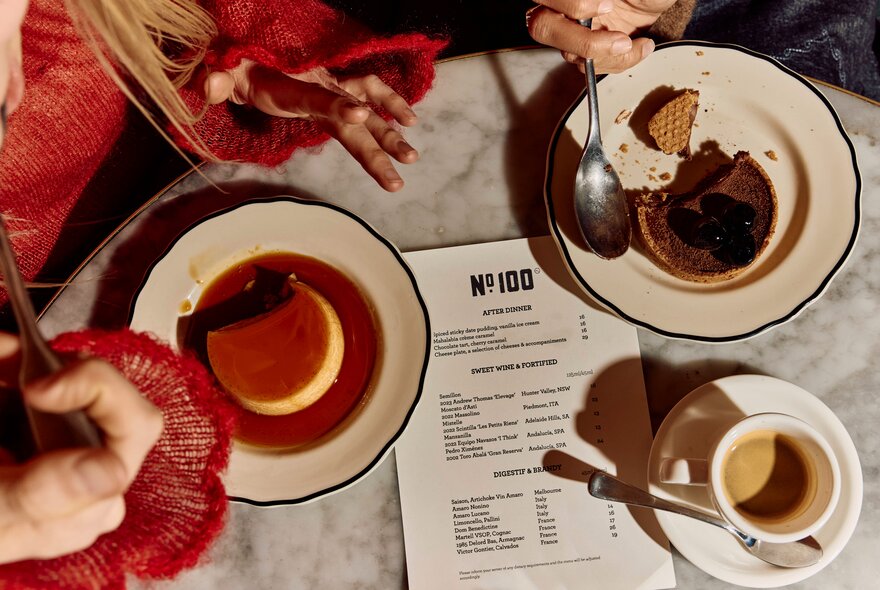 Looking straight down on a table with a menu and two desserts and coffee.