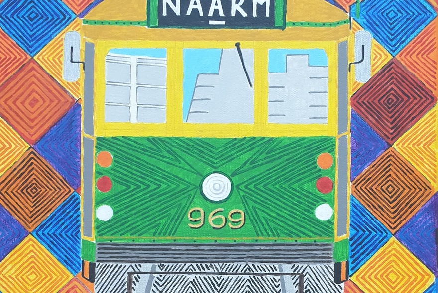 Artwork of a brightly coloured painting of a green W Class Melbourne tram, against a decorative patterned background.