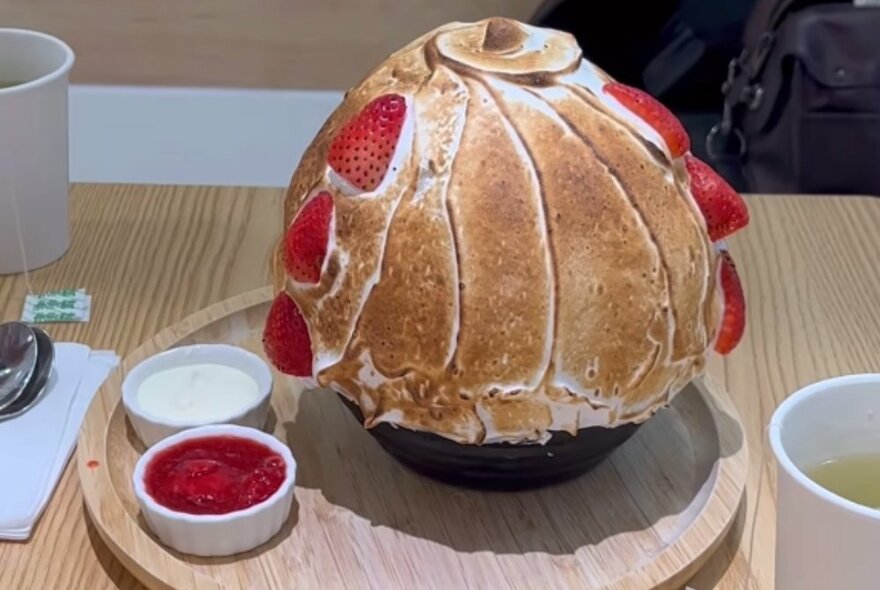 Strawberry domed dessert with burnt meringue topping, on a tray with jam and cream.