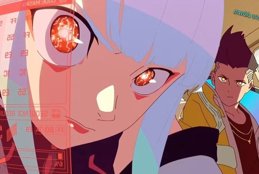 An anime cartoon depiction of a young Asian woman with purple hair and fiery red pupils, and a young male behind her.