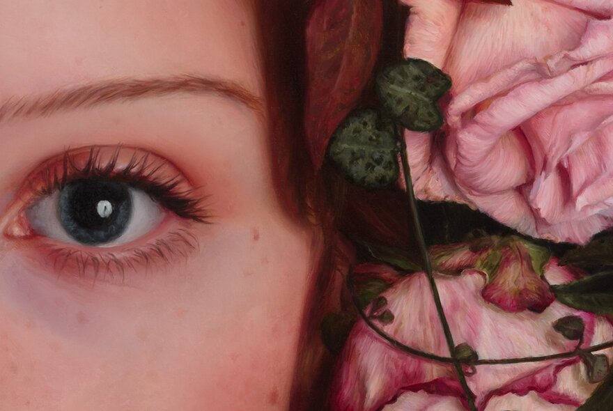 A close up of a woman's eye with pink roses beside her face. 