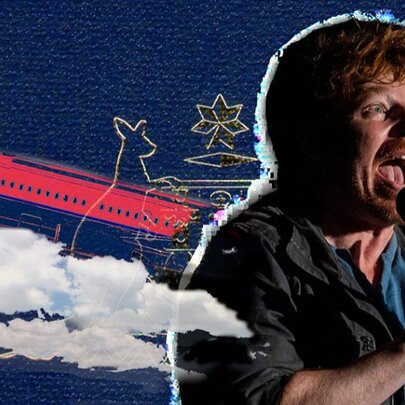 Comedian Matt Harvey talking into a microphone he holds in his hand, behind him is an illustration of an aeroplane in a blue sky, white clouds and half of the Australian Coat of Arms.