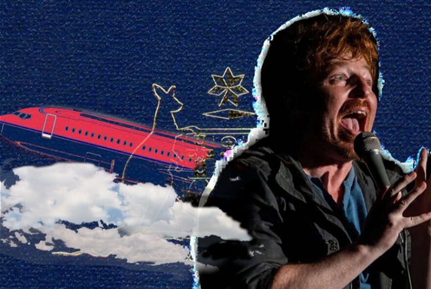 Comedian Matt Harvey talking into a microphone he holds in his hand, behind him is an illustration of an aeroplane in a blue sky, white clouds and half of the Australian Coat of Arms.