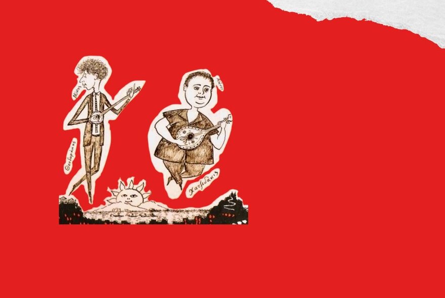 Two brown ink caricature style drawings of musicians set against a red background.