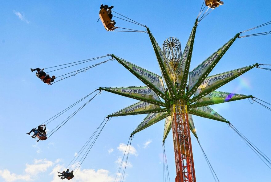 Looking up at people seated in chairs in a giant aerial chairlift swinging ride at the Melbourne Royal Show, blue sky in the background.