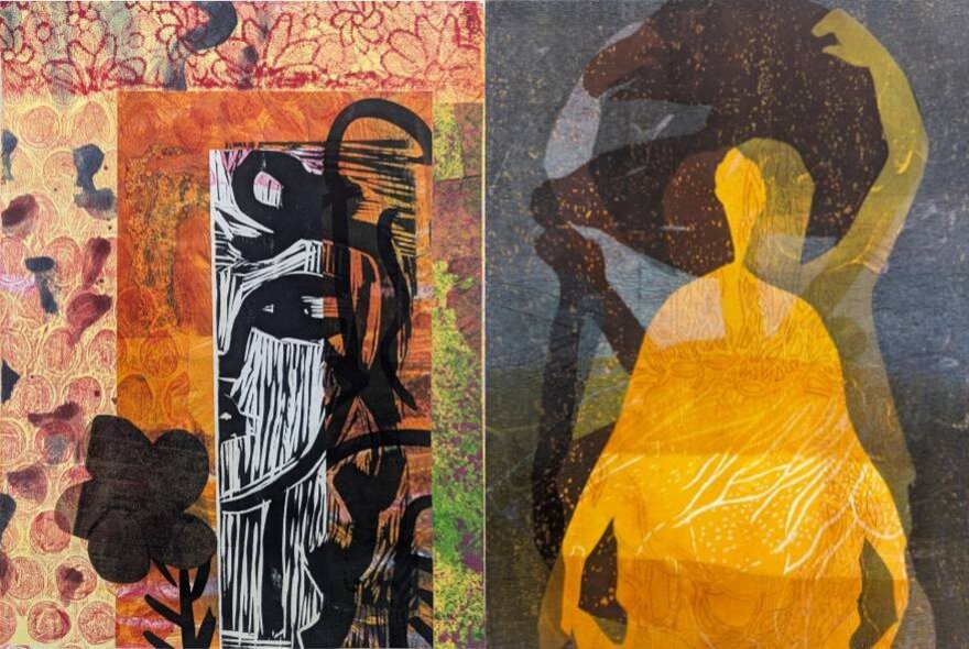 Two artwork prints, side by side, both of abstract patterns and shapes.