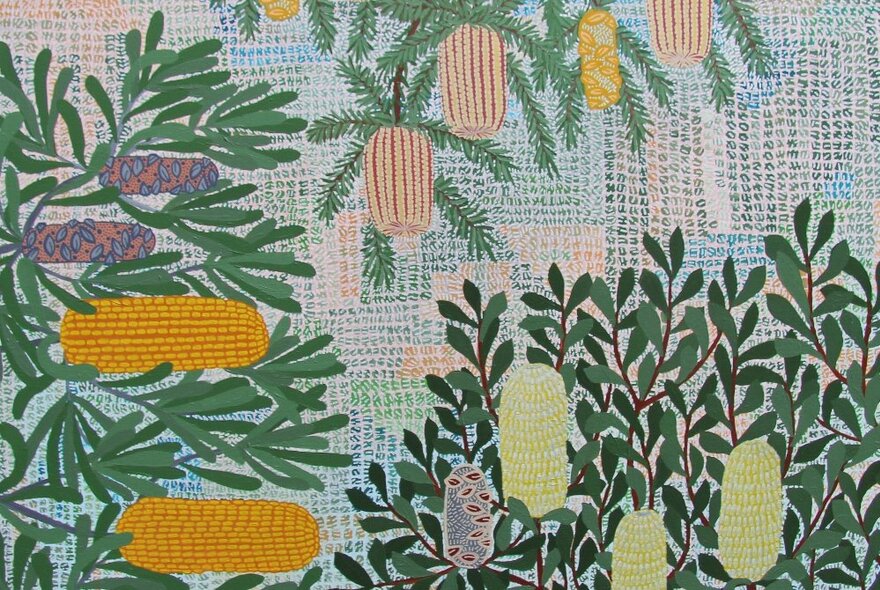 Acrylic painting of banksia flowers in varying colours and shapes, with green foliage.