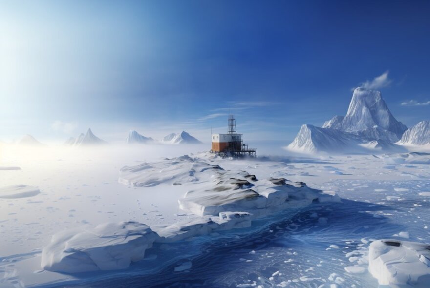 An Antarctic base in the snowy landscape with blue sky.