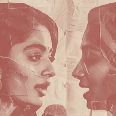 Artwork of two women speaking into a microphone.