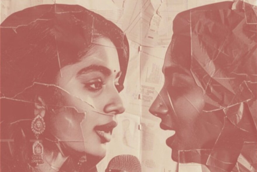 Artwork of two women speaking into a microphone.