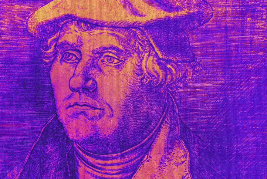 An old sketch of Luther with a purple and gold wash over the top. 