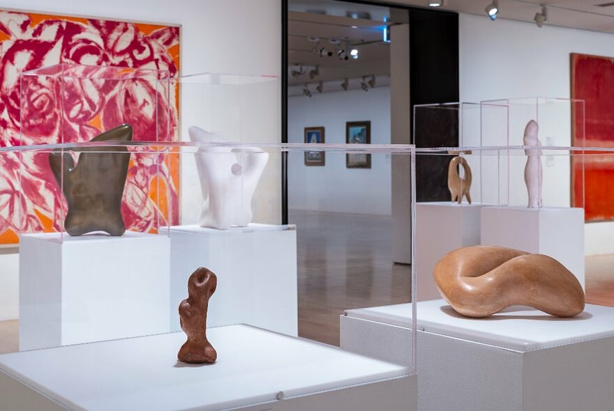 Examples of Hans Arp sculptures presented in glass-framed displays in a gallery setting.