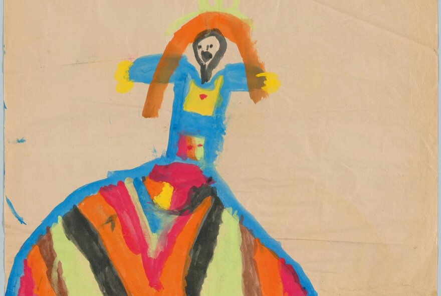 A child's colourful drawing of a person on white paper.