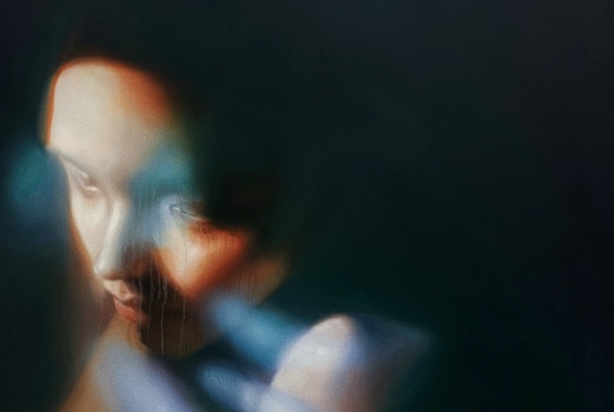 Oil painting on canvas of a out of focus young woman's face in side profile, against a dark shadowy background.