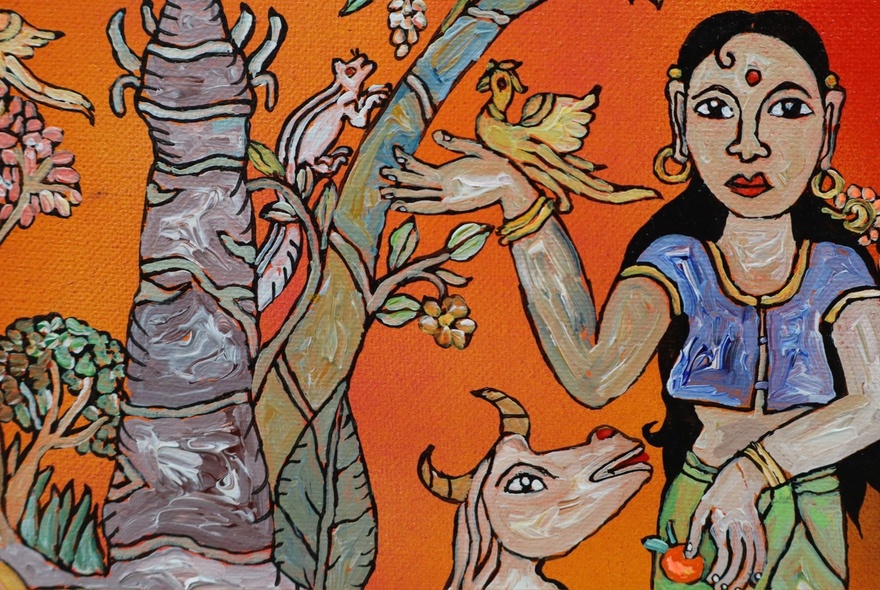 Indian pen artwork with animals and dancer with orange background.