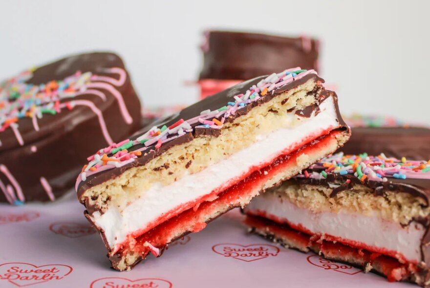 A cross-section of a home made Wagon Wheel biscuit.