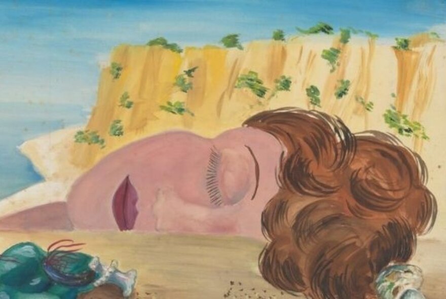 A painting showing a half a woman's face sinking into the ground with a sand dune in the background. 