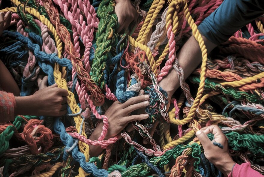 Living tapestry with different coloured ropes linking hands reaching into the centre.