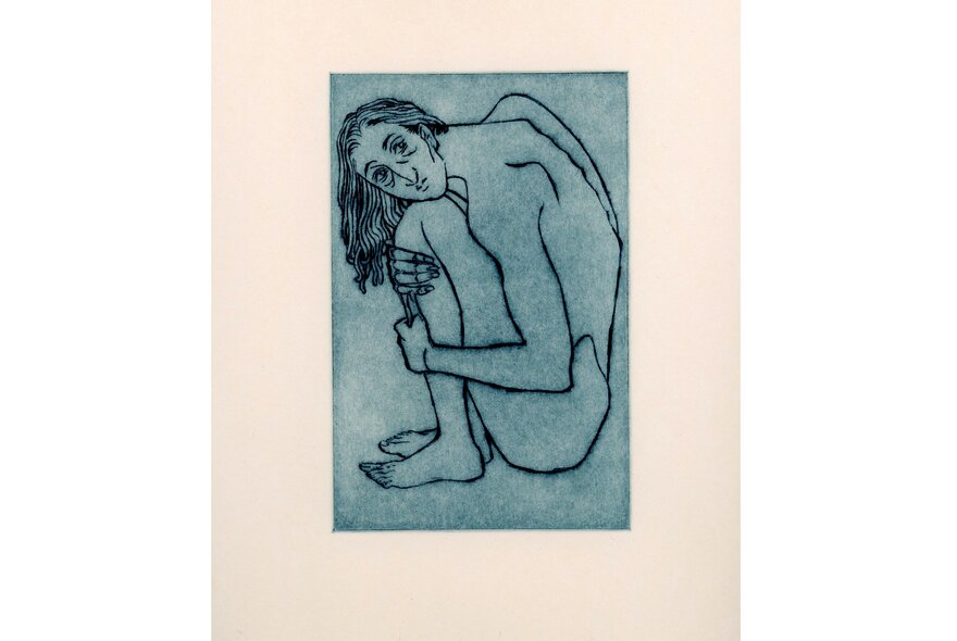 A blue tinted print of a seated figure with their arms wrapped around their knees, with a pale border.
