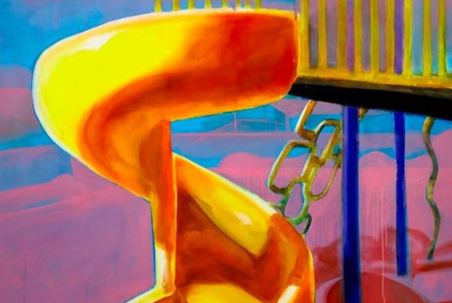 Painting of a child's playground depicting a yellow curved slide, set against other play equipment.