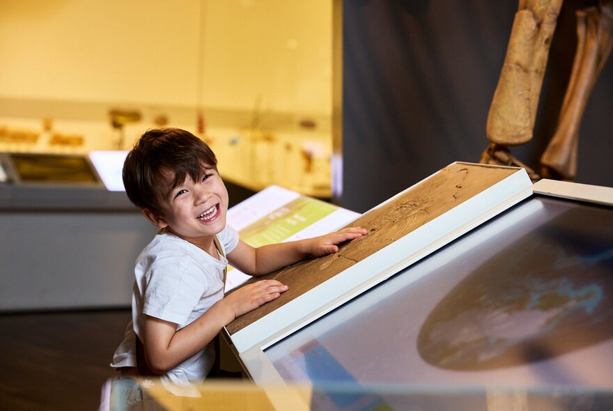A young child smiling while looking at a display case at Melbourne Museum.