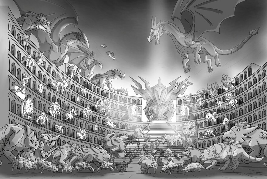 Drawing of a circular auditorium filled with winged beasts.