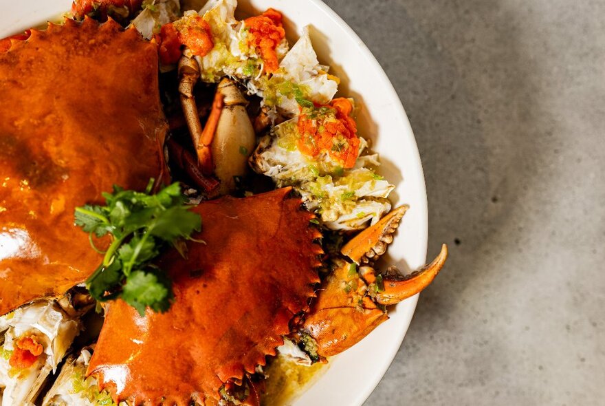 A plate of cooked crab and rice.