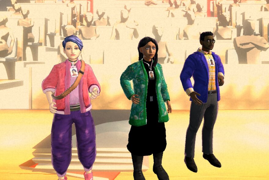Three figures from different backgrounds wearing different clothing.