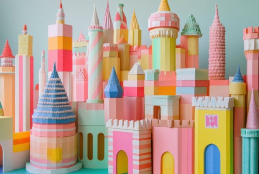 Fairytale castles and towers made of  pastel-hued blocks.