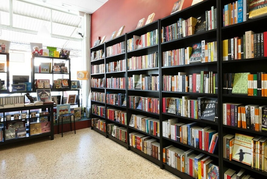 Shelves of books in a bookstore.