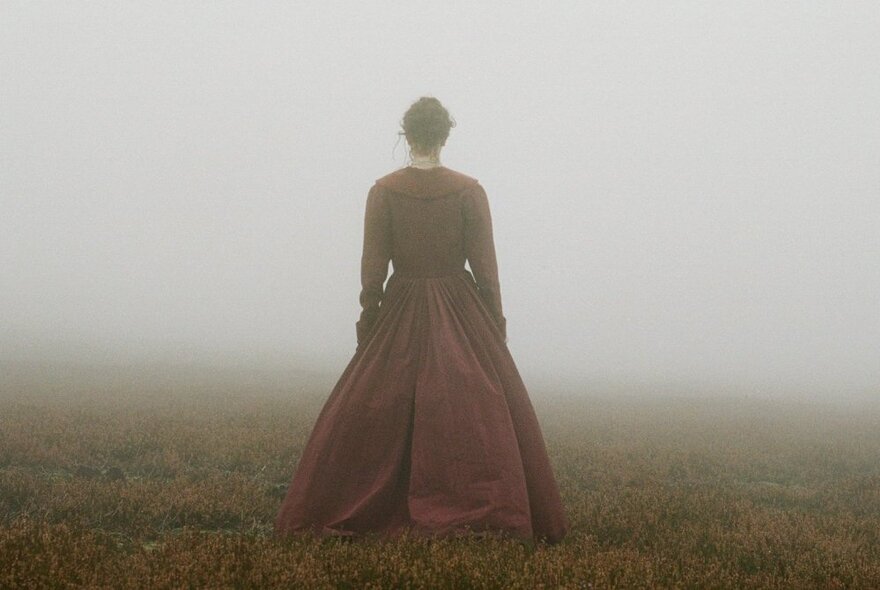 A still from a movie, of a woman wearing a 19th century style heavy frock, seen from behind in a misty outdoors field.