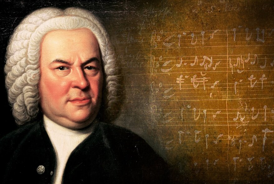 Bach wearing a wig, with musical notations in the background.