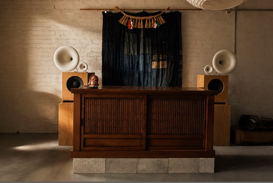 A small gallery space with a wooden cabinet, speakers and an indigo-dyed curtain on the wall.