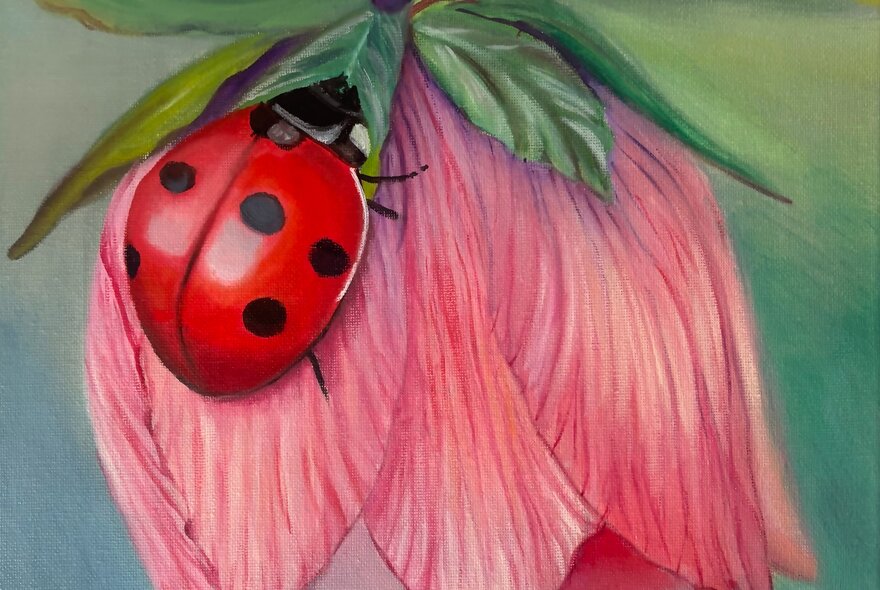 A painting of a ladybird on the pink flower.