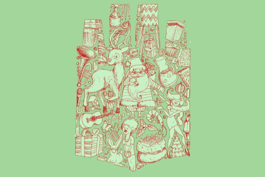A detailed drawing in red pen on a green background of many random festive-inspired objects including a reindeer, a person singing, wrapped presents, musical instruments, Santa and more.