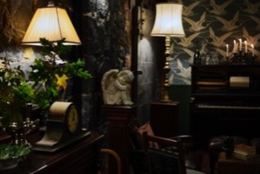 Interior of a bar, with two lamps, green potted plants, occasional chairs and other decorative pieces.