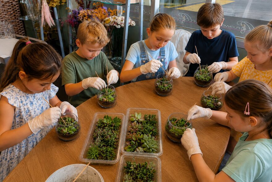 A group of children wearing protective gloves while participating in a hands-on, educational terrarium-building workshop around a wooden table.