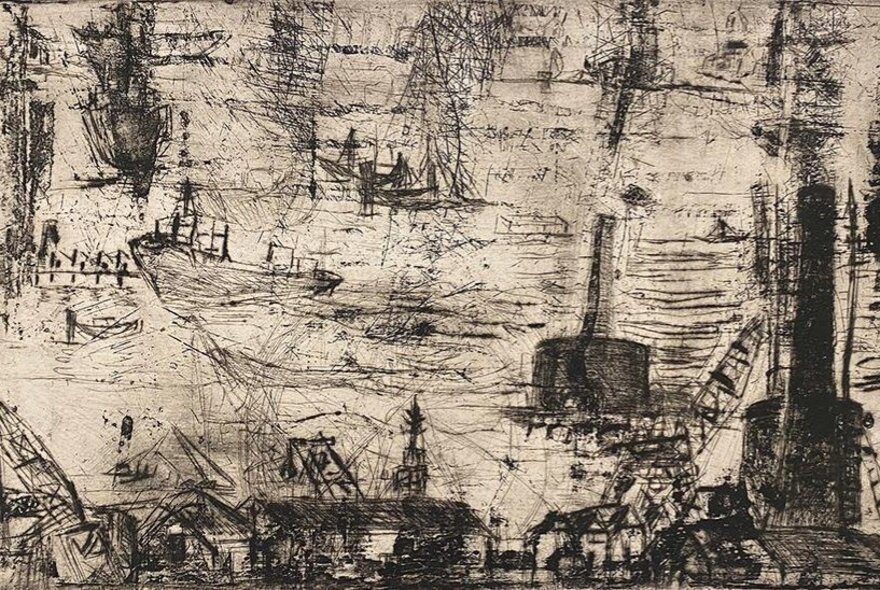 A drypoint etching in monotones depicting water, ships and docks.