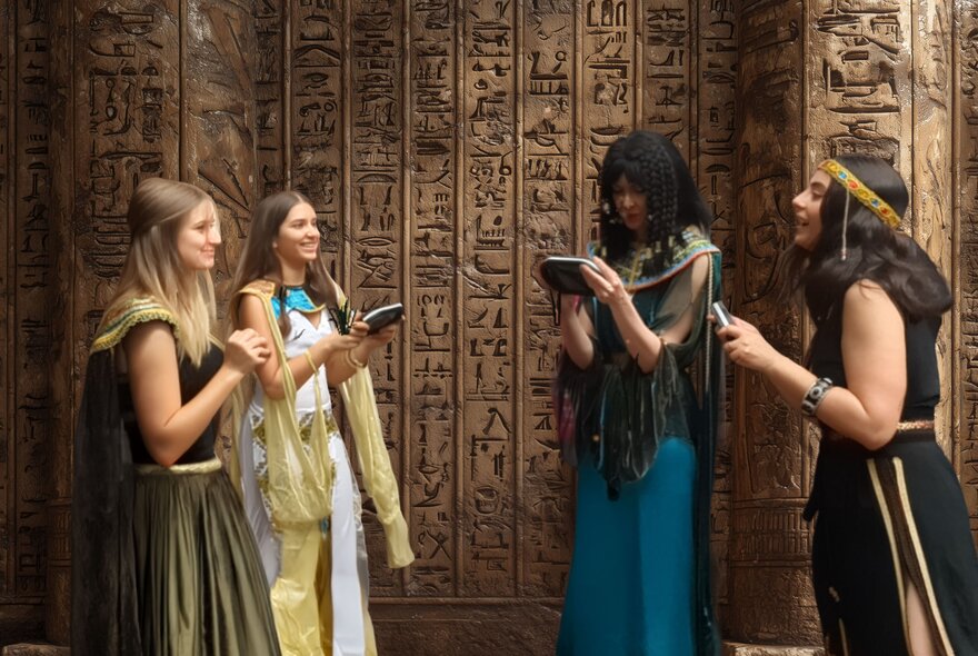 Four women dressed in Ancient Egypt-style costumes, each looking at a digital device in front of a wall decorated with Ancient Egyptian Hieroglyphics.